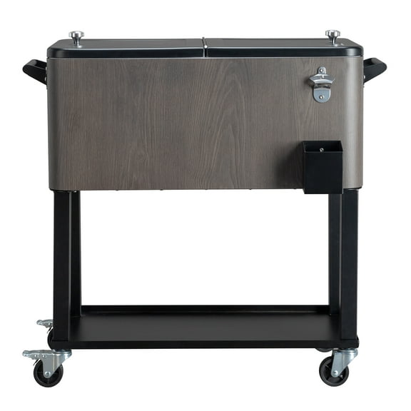 SamyoHome Cooler Cart 80QT Frozen Function with Shelf Wood Grain Accent Patio Ice Chest Gray