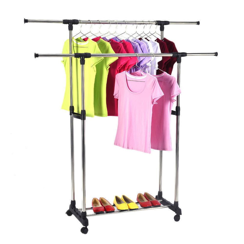 SamyoHome Heavy Duty Double Adjustable Portable Clothes Hanger Rolling ...