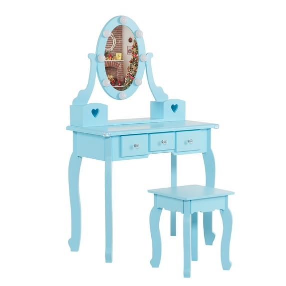 SamyoHome Kids' Vanity Desk Set with Chair 3-Color LED Lighted Mirror 3 Drawers Makeup Table for Girls Light Blue