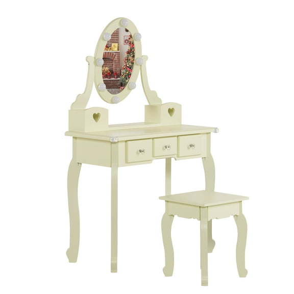 SamyoHome Kids Vanity Set with Chair Dressing Table and Stool Set with Lighted Mirror Light Yellow