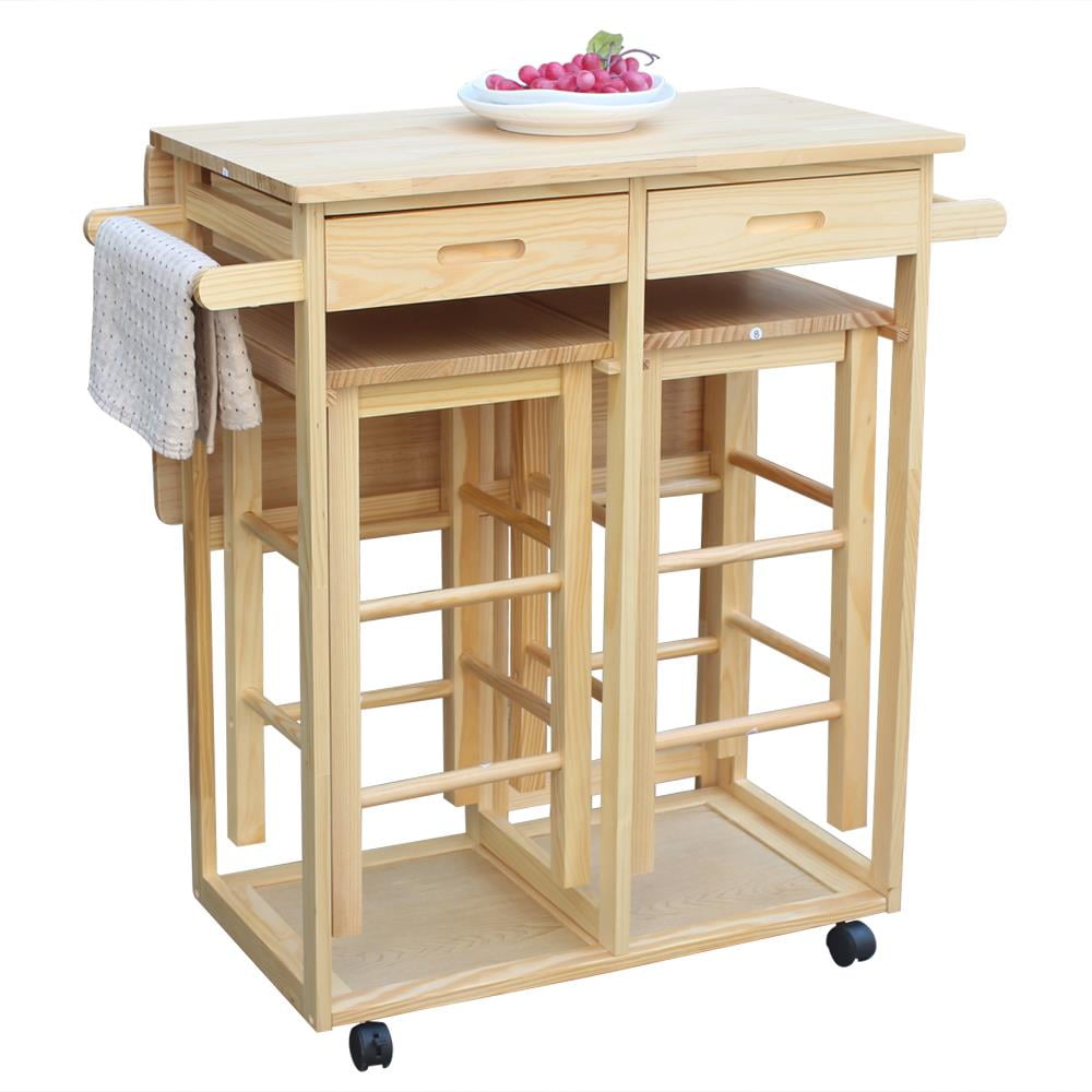 SamyoHome Kitchen Island Trolley Cart with 2 Square Stools and Storage Drawers, Solid Wood Drop ...