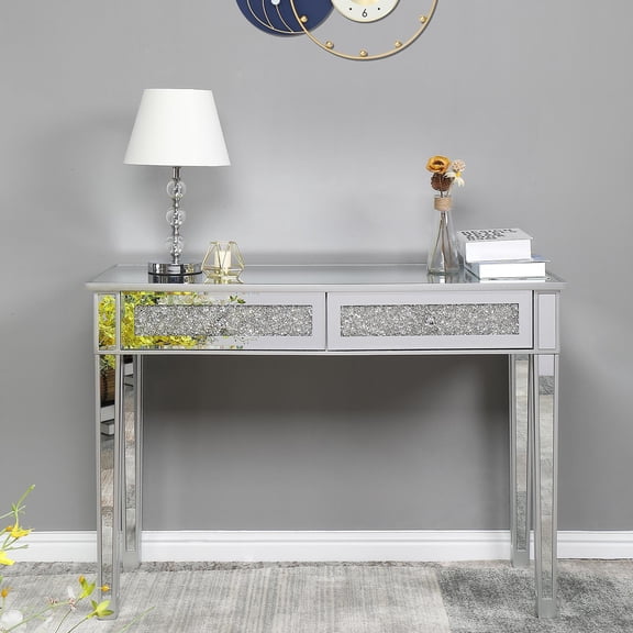 SamyoHome Laptop Table, Study Desk with 2 Broken Glass style Drawers, Silver