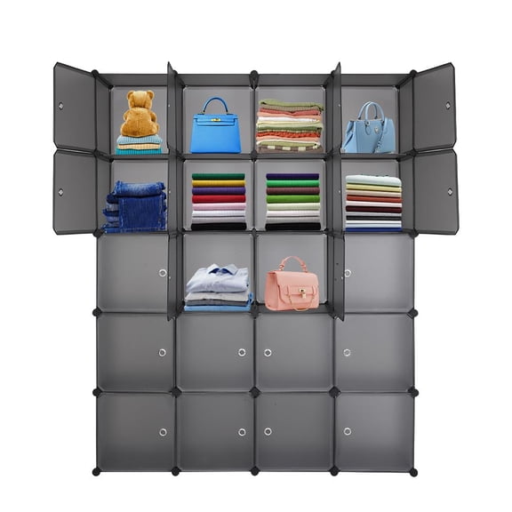 SamyoHome Portable Wardrobe W/Doors 20-Cube DIY Closet Bookcase with Hanging Rod