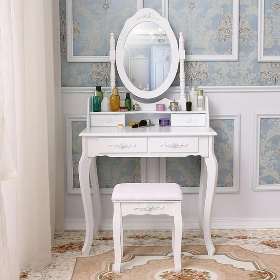 SamyoHome Vanity Table Set, Makeup Dressing Table with Mirror, Vanity Desk with Cushioned Stool 4 Drawers, White