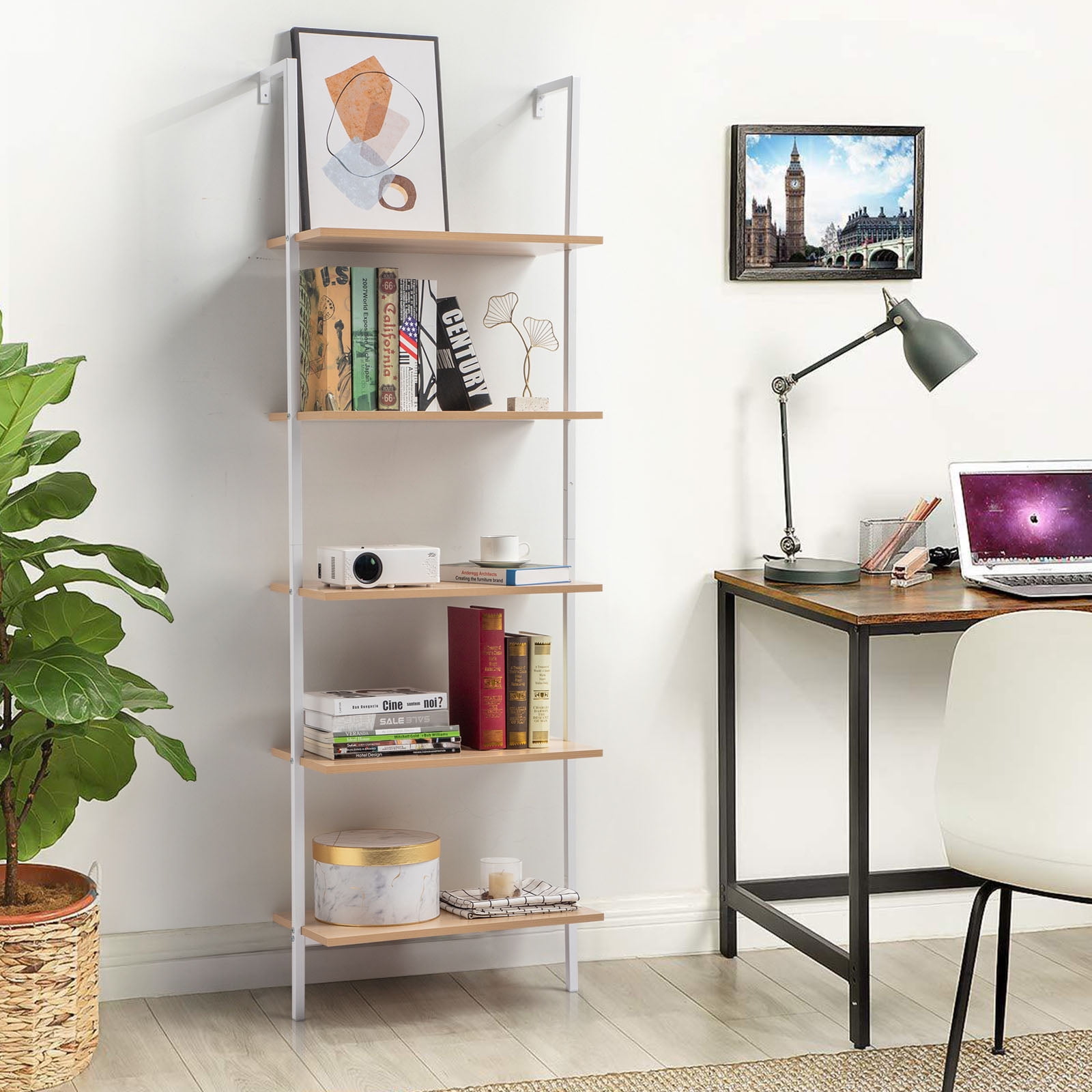 Study Rack Big SamyoHome Wall Mounted Bookshelf, 5-Shelf Wood Bookcase Ladder Display ...