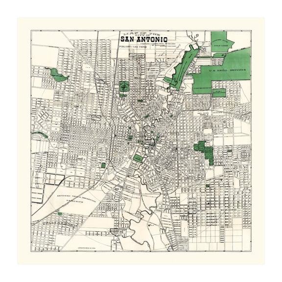 San Antonio Art, 1909 Vintage Map of San Antonio Texas, TX History Wall Decor Gift, Old San Antonio Map - 30" x 30" Unframed Print