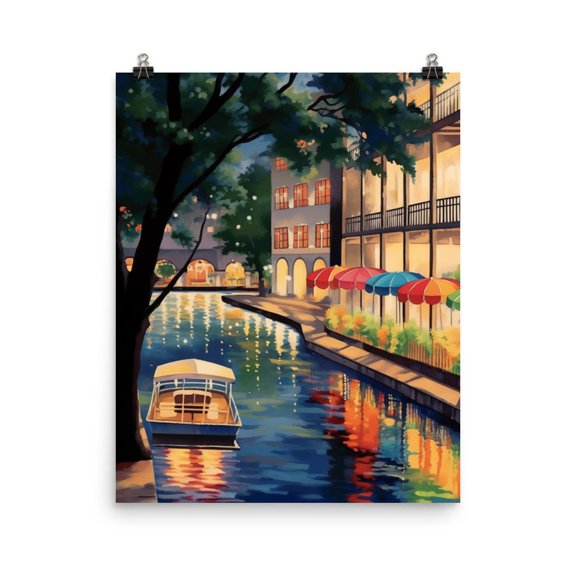 San Antonio Riverwalk Print, Texas Night Cityscape Wall Art, Canal Poster, Alamo Artwork, American Travel Decor, Texan Art Home Decor #3313, Stretched Canvas Size 12x18