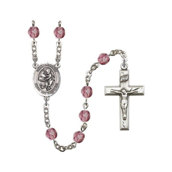 San Antonio Silver-Plated Rosary 6mm February Purple Fire Polished Beads Crucifix Size 1 3/8 x 3/4 medal charm