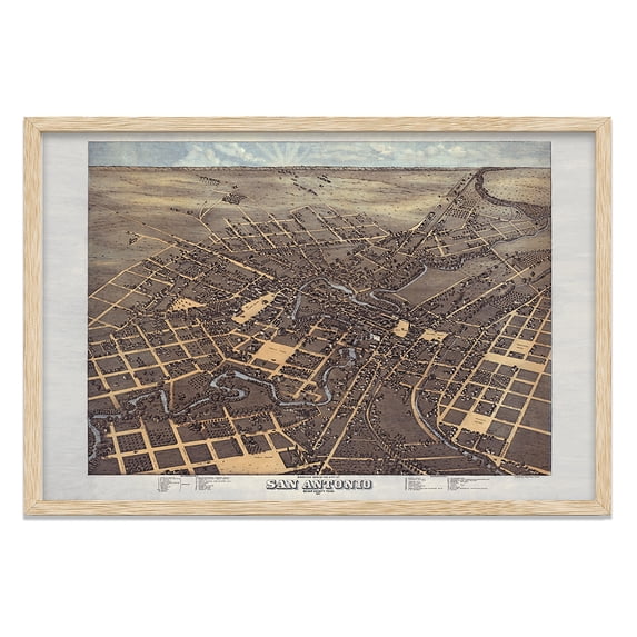 San Antonio Texas 1873 Bird’s Eye View Vintage City Map Bexar County Historic Aerial Illustration Western Urban Wall Art for Home Office Study Library 24x36 Framed Poster Ready to Hang