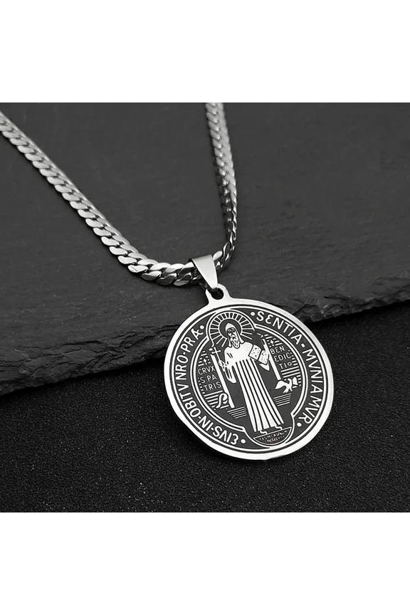 San Benito Exorcist Pendant Necklace for Women Men 14K White Gold Christian Saint Benedict Religious Amulet Chain Jewelry