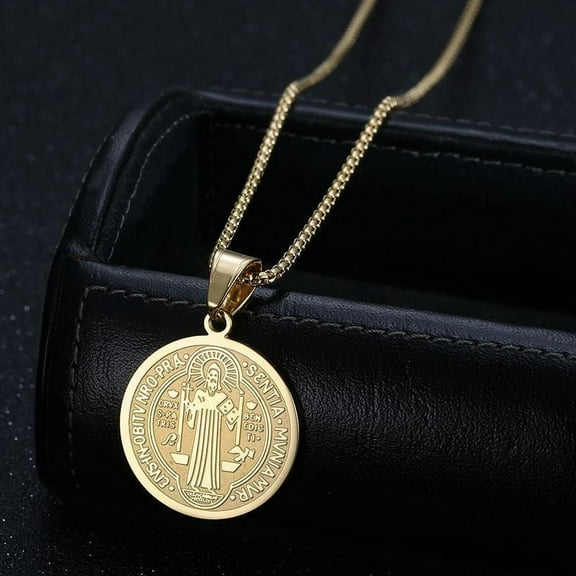 San Benito Medal Pendant Chain 14K Yellow GoldNecklace Father Saint Benedict Religious Jewelry Accessories