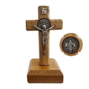 San Benito Medalla Wooden Standing Cross Small Crucifix, 3.0 X1.5 Inch, Jesus Christ Wall Cross for Table or Wall Decor, Home Decoration Catholic Gifts