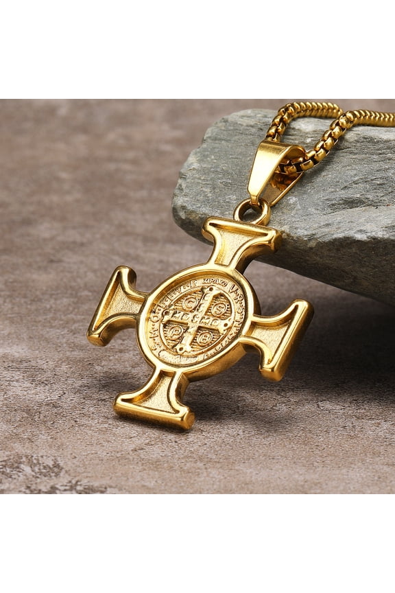 San Benito Necklace 14K Yellow Gold For Men Women Metal St Benedict Cross Choker Religious Jewelry