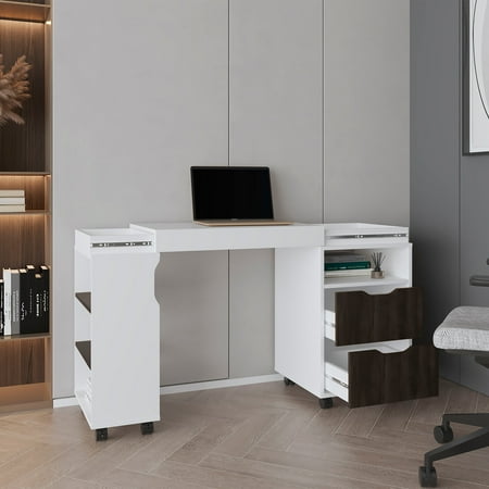 San Diego 54" Expandable Desk with Two Drawers, Seven Storage Shelves, Rolling Caster Base