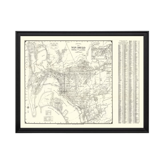San Diego Art, 1930 Vintage Map of San Diego California, CA History Wall Decor Gift, Old San Diego Map - 24" x 18" Black Framed Print