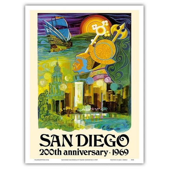 San Diego California - 200th Anniversary 1969 - Vintage Travel Poster by France Carpentier c.1969 - Master Art Print (Unframed) 9in x 12in