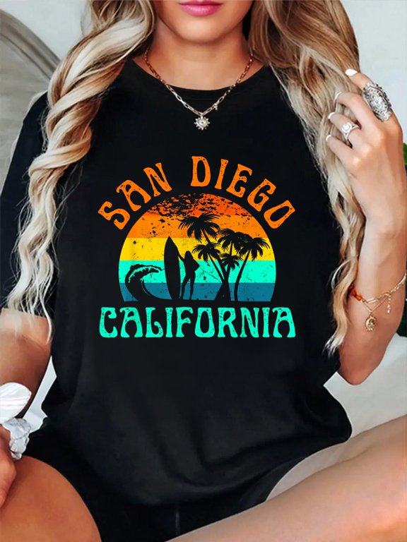San Diego California Beach Surf Summer Vacation Girl Vintage T-Shirt casual short sleeve crew neck cotton tee tops for women