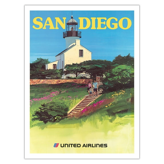 San Diego California - Old Point Loma Lighthouse - Vintage Airline Travel Poster by Tom Hoyne c.1973 - Fine Art Matte Paper Print (Unframed) 24x32in