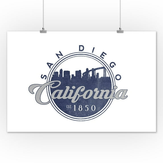 San Diego, California - Skyline Seal (Blue) - Lantern Press Artwork (12x18 Art Print, Wall Decor Travel Poster)