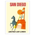 thumbnail image 1 of San Diego California - Zebra - San Diego Zoo - Balboa Park - United Air Lines - Vintage Airline Travel Poster c.1965 - Bamboo Fine Art 290gsm Paper (Unframed) 12x16in, 1 of 4