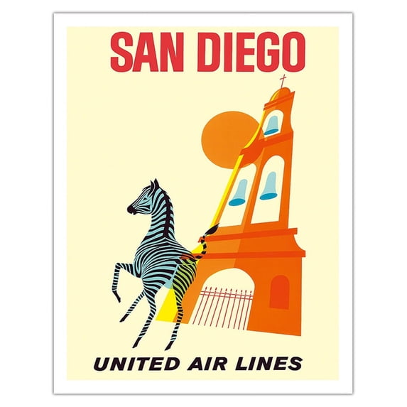 San Diego California - Zebra - San Diego Zoo - Balboa Park - United Air Lines - Vintage Airline Travel Poster c.1965 - Fine Art Matte Paper Print (Unframed) 11x14in