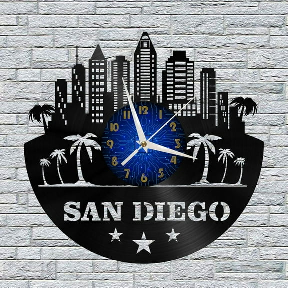 San Diego City View 12 Inch Vinyl Record Wall Clock - Silent, Creative, and Unique Clock for Living Room, Entryway, or Bedroom Decor - Perfect Gift Idea(12 inchs B without LED)