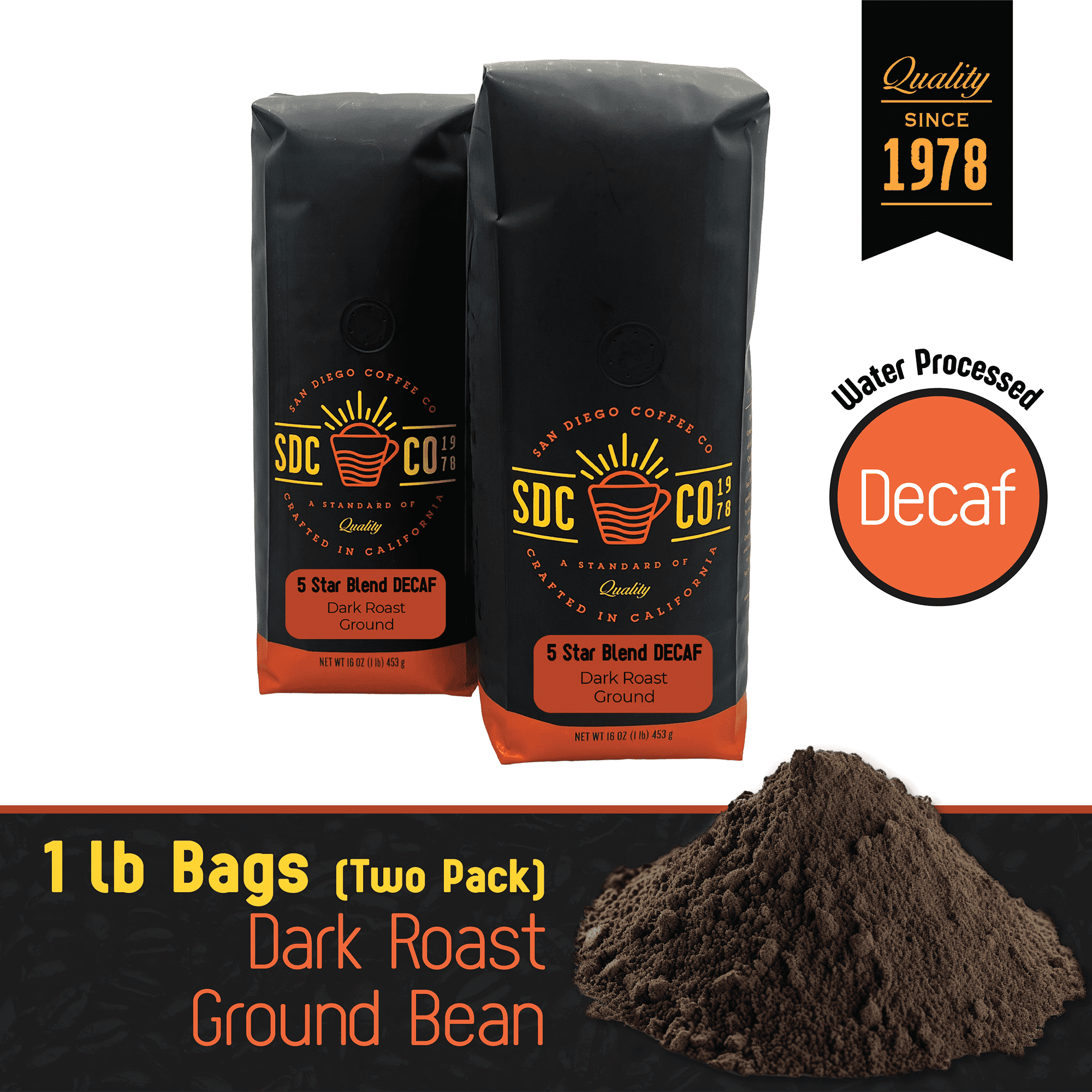 San Diego Coffee 5 Star Blend DECAF, Dark Roast, Ground Coffee, 16-Ounce Bags (Pack of 2)
