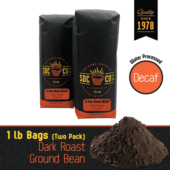 San Diego Coffee 5 Star Blend DECAF, Dark Roast, Ground Coffee, 16-Ounce Bags (Pack of 2)