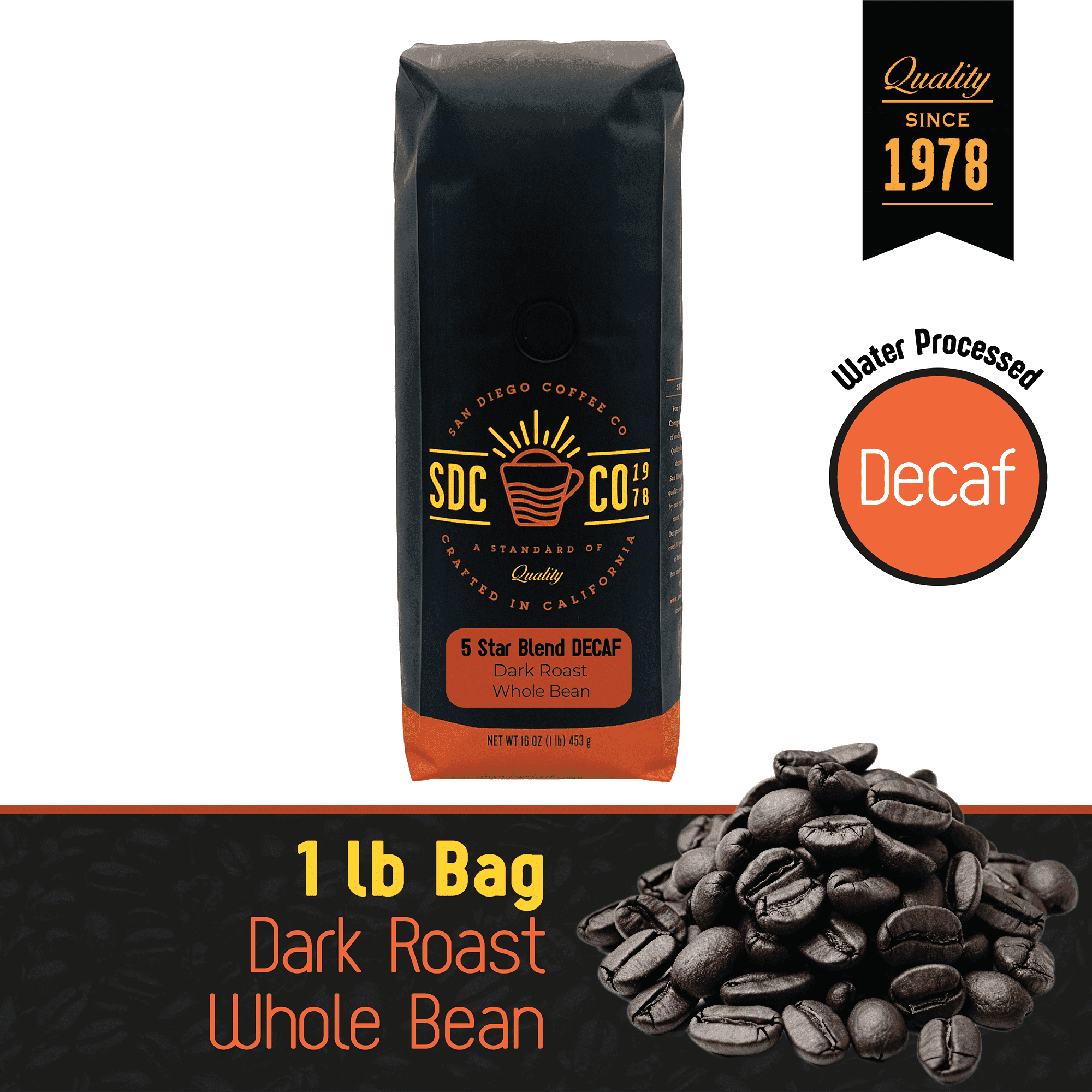 San Diego Coffee 5 Star Blend DECAF, Dark Roast, Whole Bean Coffee, 16-Ounce Bag