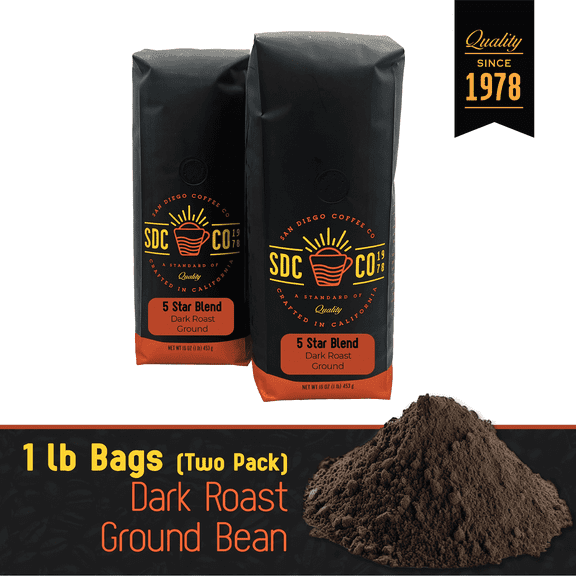San Diego Coffee 5 Star Blend, Dark Roast, Ground Coffee, 16-Ounce Bags (Pack of 2)