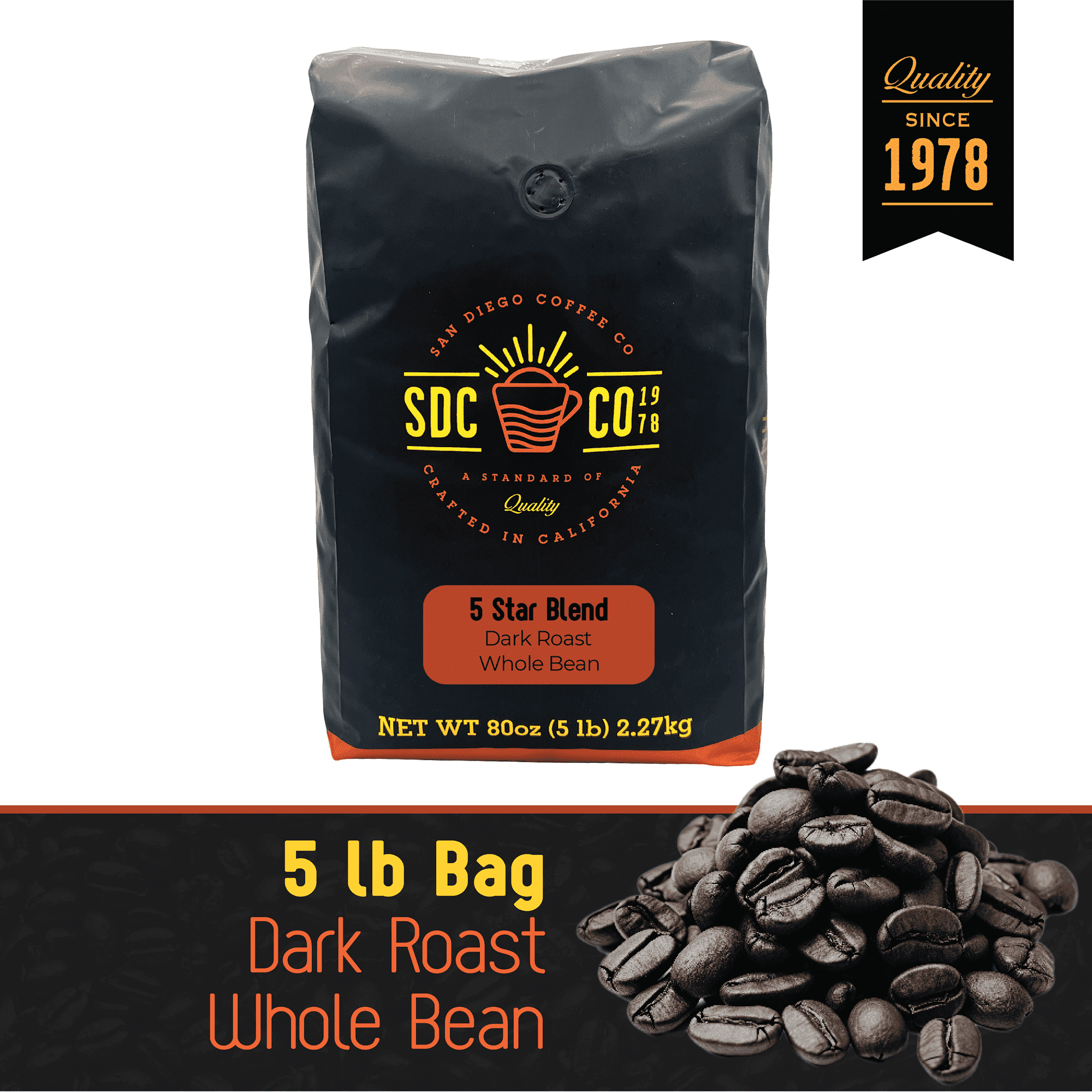 San Diego Coffee 5 Star Blend, Dark Roast, Whole Bean Coffee, 5-Pound Bag