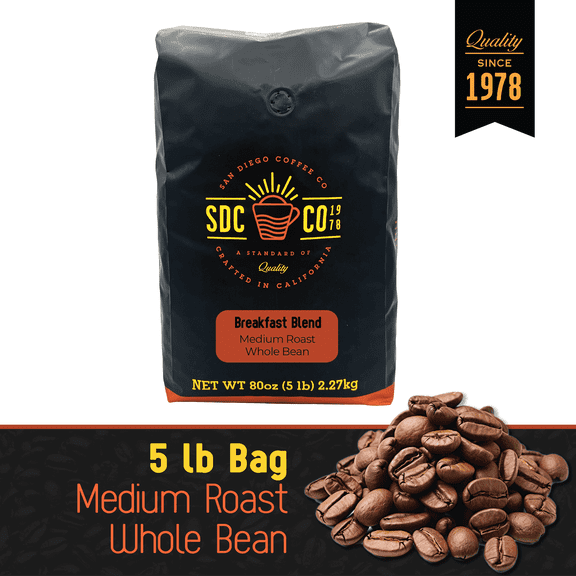 San Diego Coffee Breakfast Blend, Medium Roast, Whole Bean Coffee, 5-Pound Bag