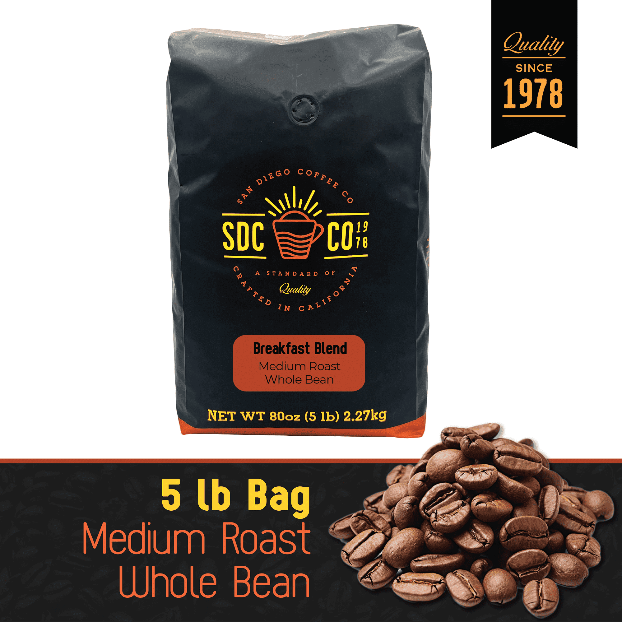 San Diego Coffee Breakfast Blend, Medium Roast, Whole Bean Coffee, 5-Pound Bag