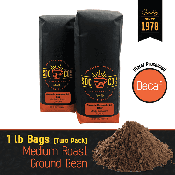 San Diego Coffee Chocolate Macadamia Nut DECAF, Medium Roast, Ground Coffee, 16-Ounce Bags (Pack of 2)