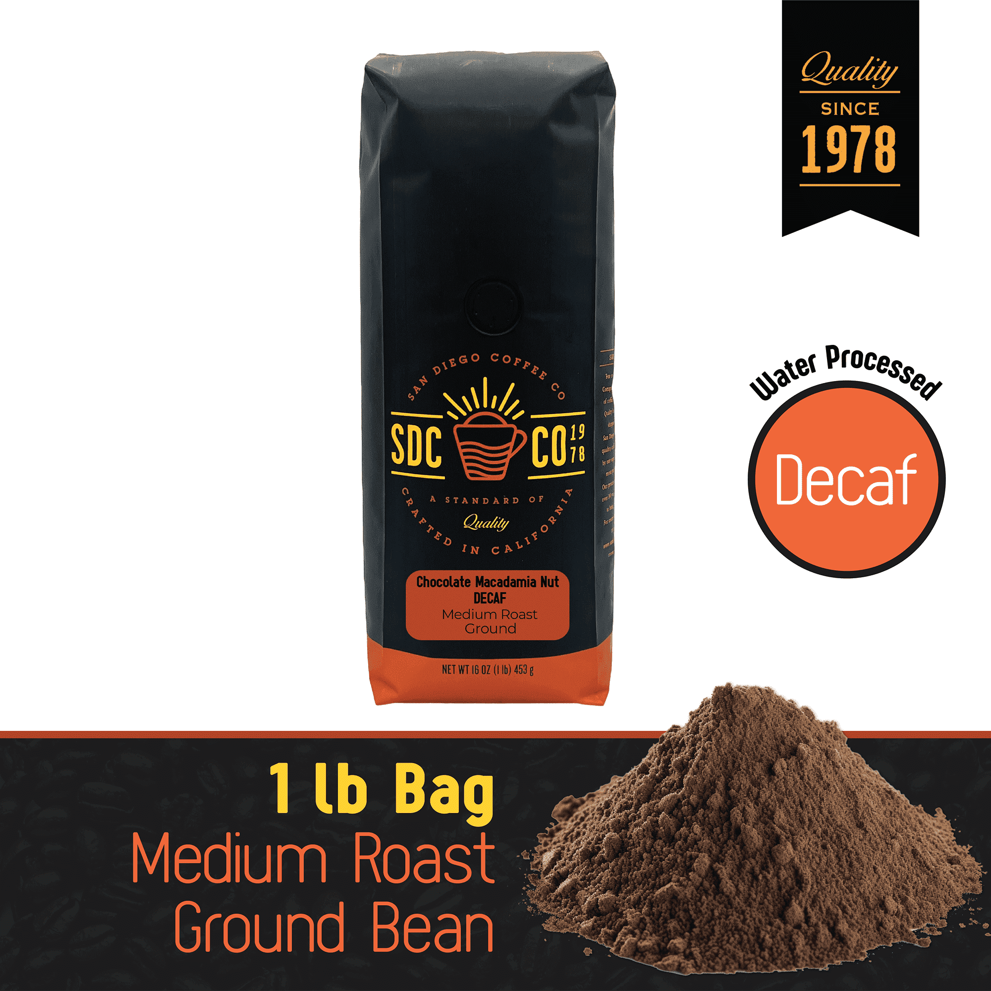 San Diego Coffee Chocolate Macadamia Nut DECAF, Medium Roast, Ground Coffee, 16-Ounce Bag