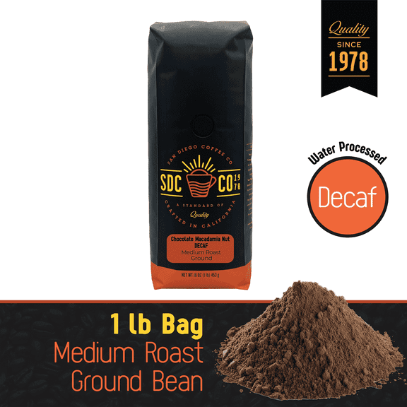 San Diego Coffee Chocolate Macadamia Nut DECAF, Medium Roast, Ground Coffee, 16-Ounce Bag