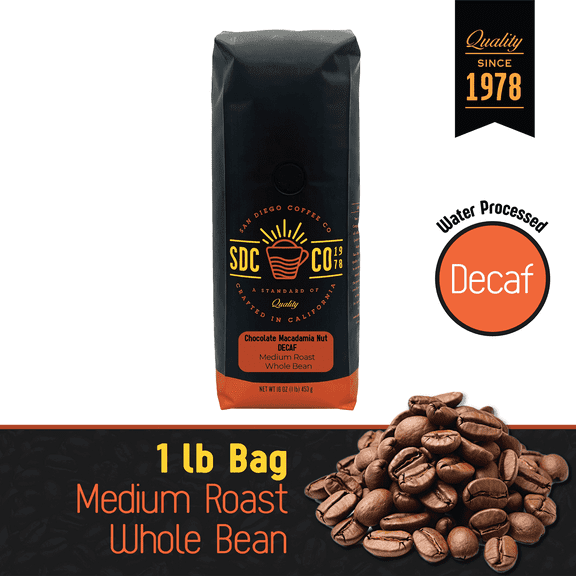 San Diego Coffee Chocolate Macadamia Nut DECAF, Medium Roast, Whole Bean Coffee, 16-Ounce Bag