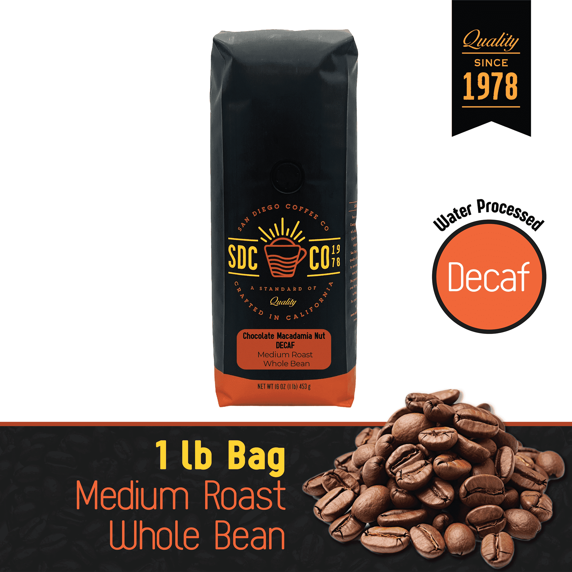 San Diego Coffee Chocolate Macadamia Nut DECAF, Medium Roast, Whole Bean Coffee, 16-Ounce Bag