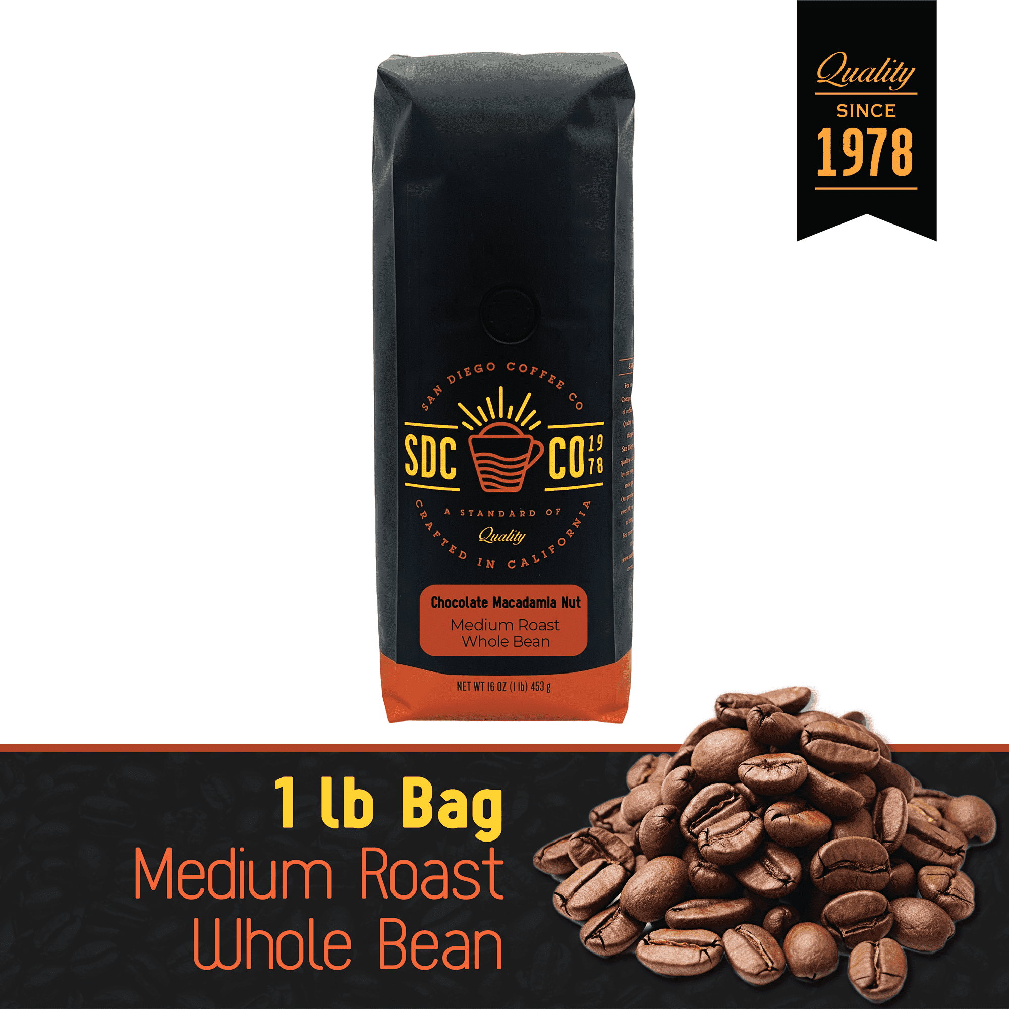 San Diego Coffee Chocolate Macadamia Nut, Medium Roast, Whole Bean Coffee, 16-Ounce Bag