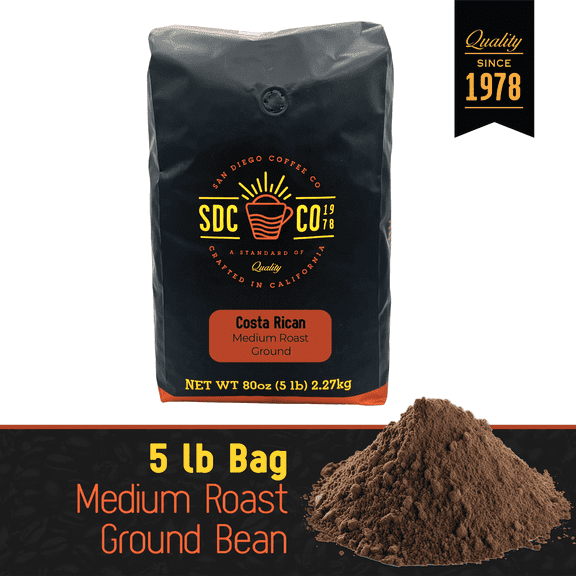 San Diego Coffee Costa Rican, Medium Roast, Ground Coffee, 5-Pound Bag