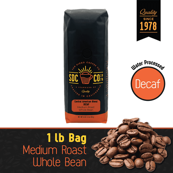 San Diego Coffee DECAF Central American Blend, Medium Roast, Whole Bean Coffee, 16-Ounce Bag