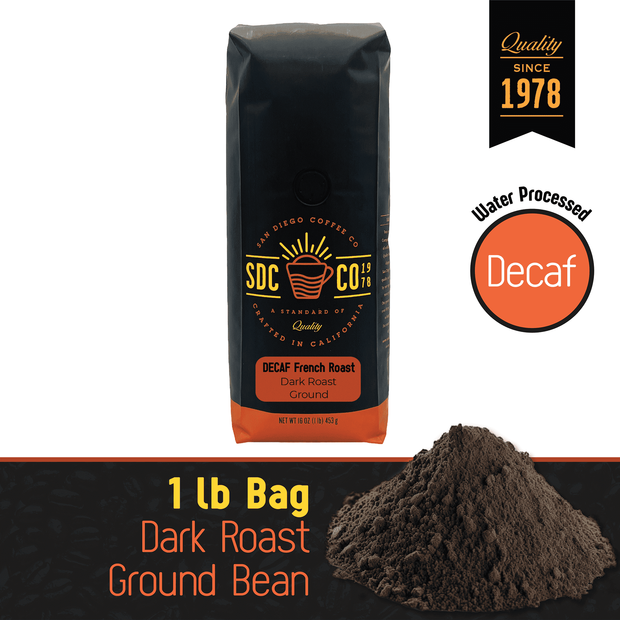 San Diego Coffee DECAF French Roast, Dark Roast, Ground Coffee, 16-Ounce Bag