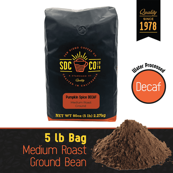 San Diego Coffee DECAF Pumpkin Spice, Medium Roast, Ground Coffee, 5-Pound Bag