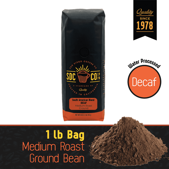 San Diego Coffee DECAF South American Blend, Medium Roast, Ground Coffee, 16-Ounce Bag