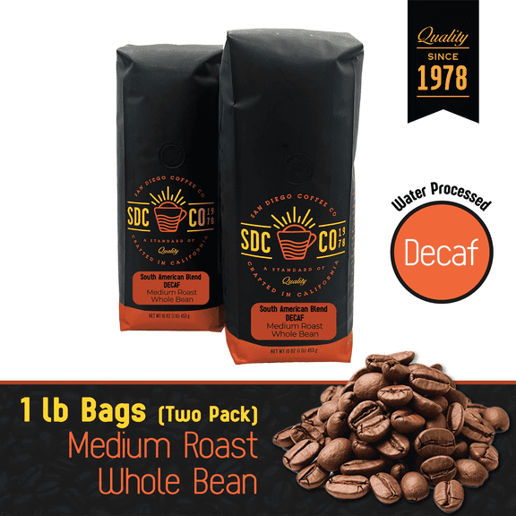 San Diego Coffee DECAF South American Blend, Medium Roast, Whole Bean Coffee, 16-Ounce Bags (Pack of 2)