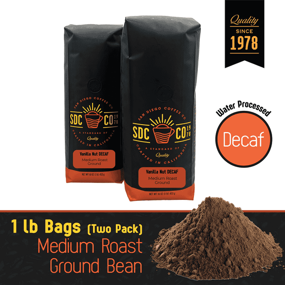 San Diego Coffee DECAF Vanilla Nut, Medium Roast, Ground Coffee, 16-Ounce Bags (Pack of 2)