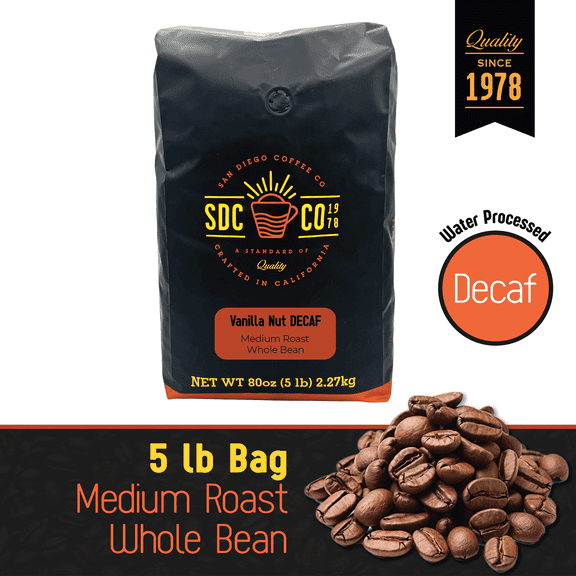 San Diego Coffee DECAF Vanilla Nut, Medium Roast, Whole Bean Coffee, 5-Pound Bag