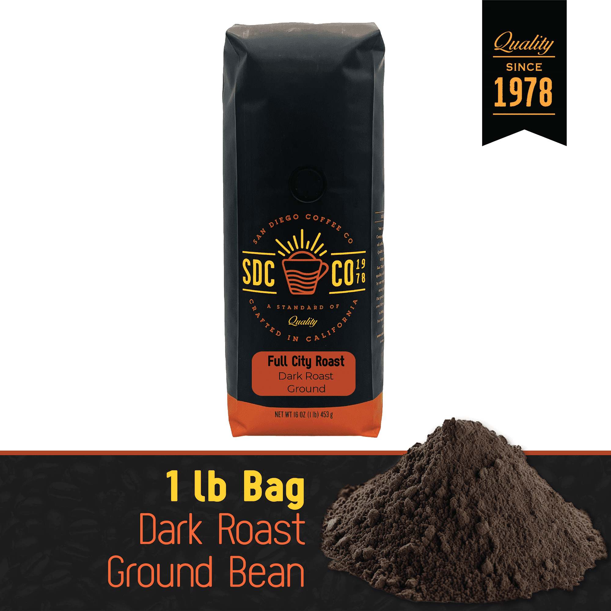 San Diego Coffee Full City Roast, Dark Roast, Ground Coffee, 16