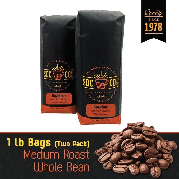 San Diego Coffee Hazelnut, Medium Roast, Whole Bean Coffee, 16-Ounce Bags (Pack of 2)