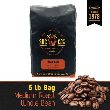 San Diego Coffee House Blend, Medium Roast, Whole Bean Coffee, 5-Pound Bag